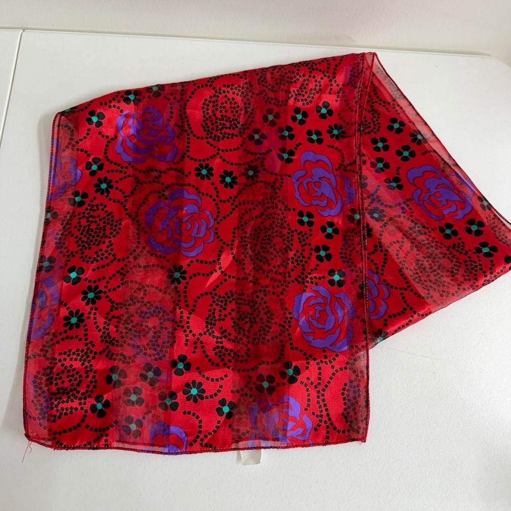Women's red rose striped sheer lightweight floral abstract fashion scarf